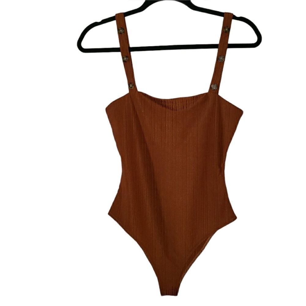 The East Order Cocoa Texture Button Strap Bodysuit